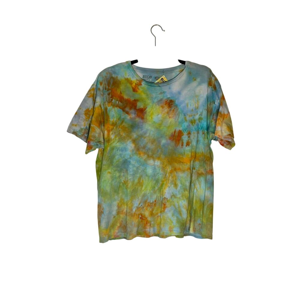 Ice Dyed Short Sleeve T-Shirt Hand Dyed Orange Green Blue Splatter Tee Large